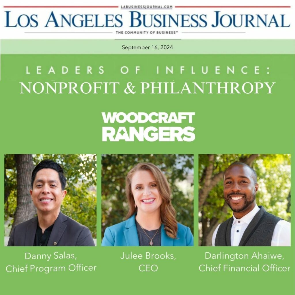 Woodcraft Rangers' Danny Salas (CPO), Julee Brooks (CEO), and Darlington Ahaiwe (CFO), are being recognized as LABJ's Leaders of Influence in Non-Profit and Philanthropy.